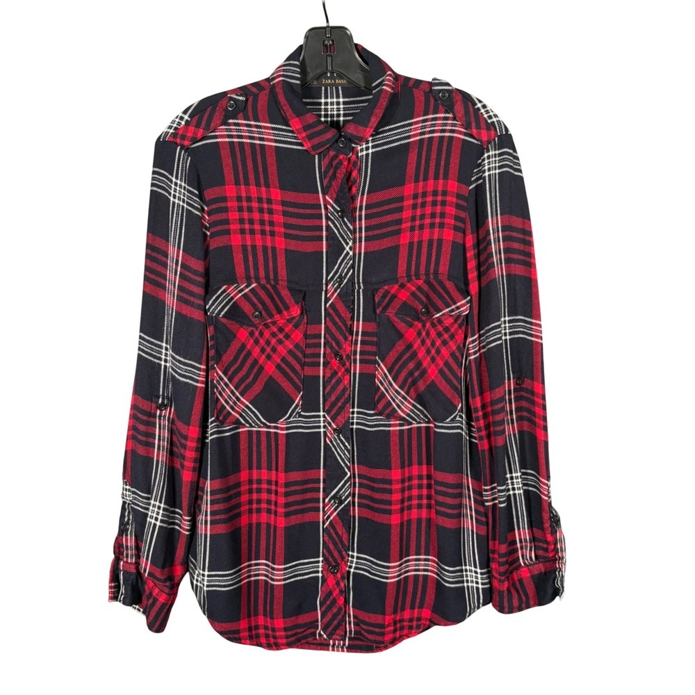 Zara Basic Plaid Button Down Shirt Womens Red Black XS Viscose - Picture 1 of 10